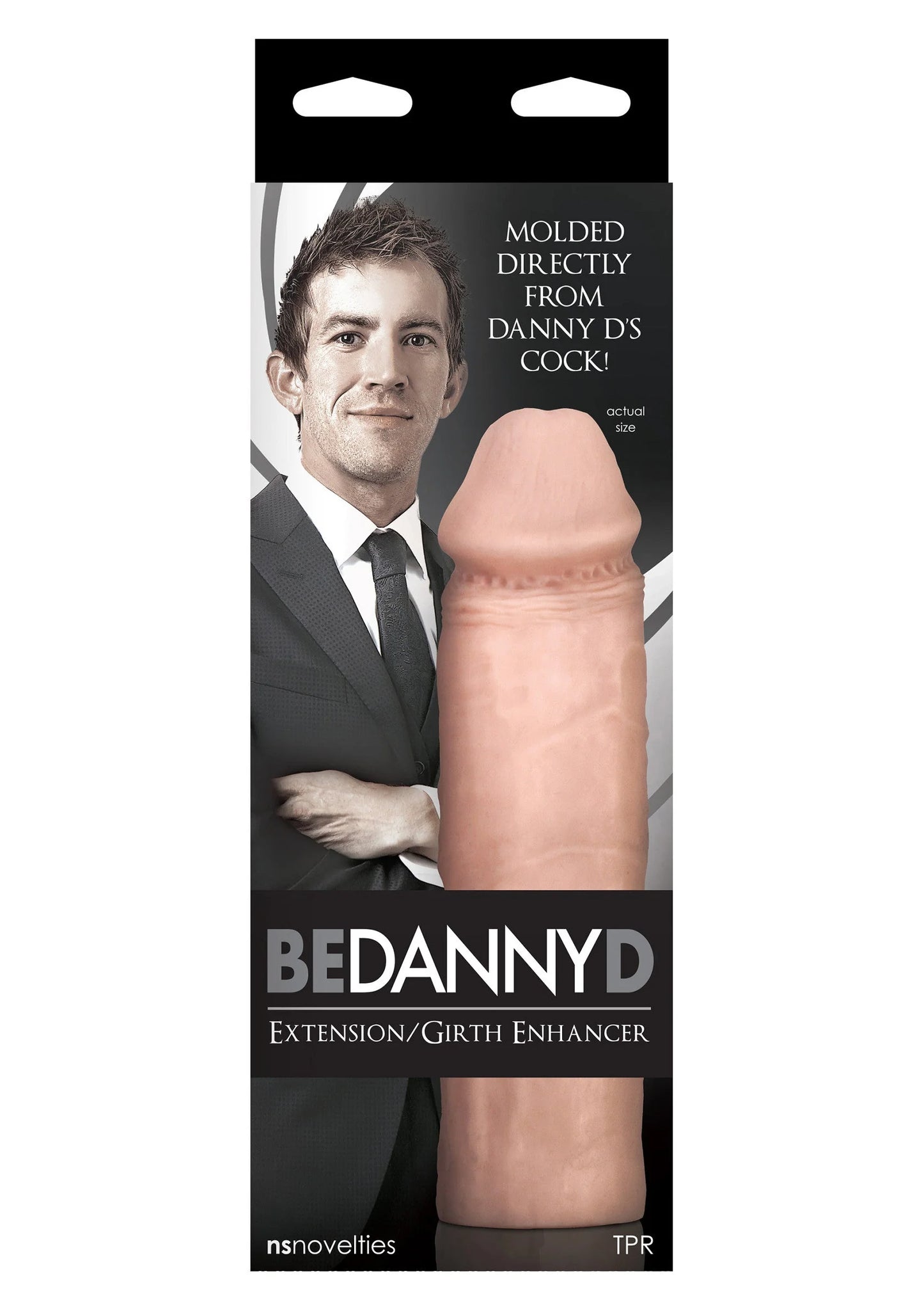 Penisextender in doos, vleesroze mouw met afgeronde punt en stempelrand.