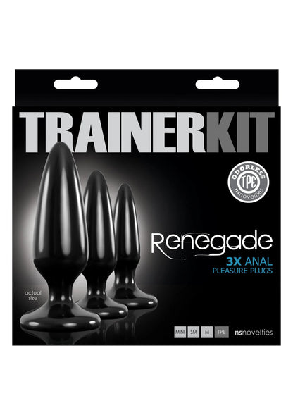Zwarte doos met TRAINERKIT en Renegade 3X anale pleasure plugs.