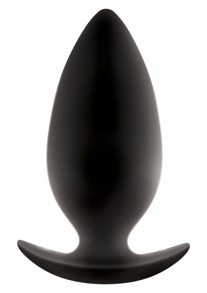 Zwarte siliconen buttplug met taps toelopende vorm en brede platte voet