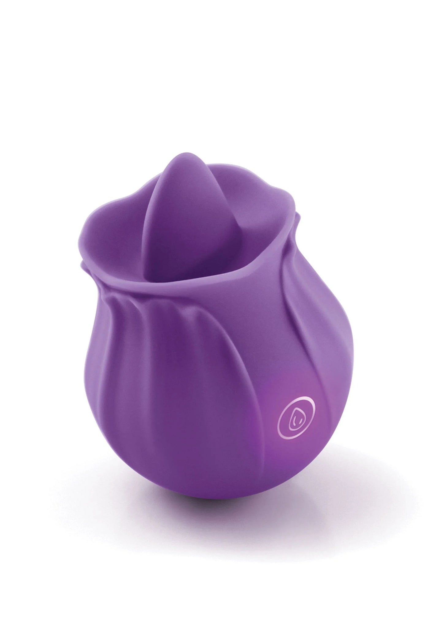 Paarse siliconen stimulator met kegelvormige top, ovaal lichaam en kleine ronde knop