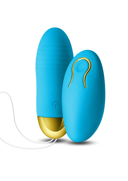 Blauwe Revel Winx vibrator met ronde ovale vorm, goudkleurige basis en kabel