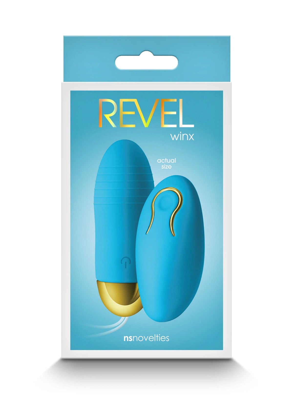 Blauwe vibrator-set met twee eivormige onderdelen, verpakking