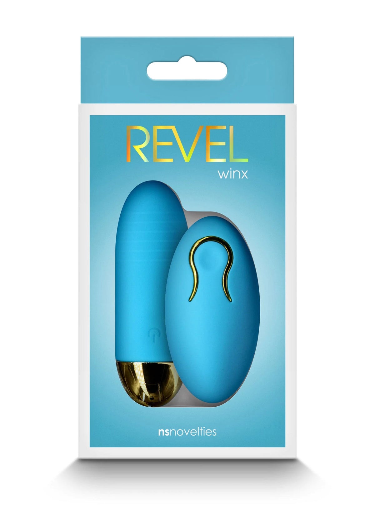 Blauwe vibrator-set met twee eivormige onderdelen, verpakking