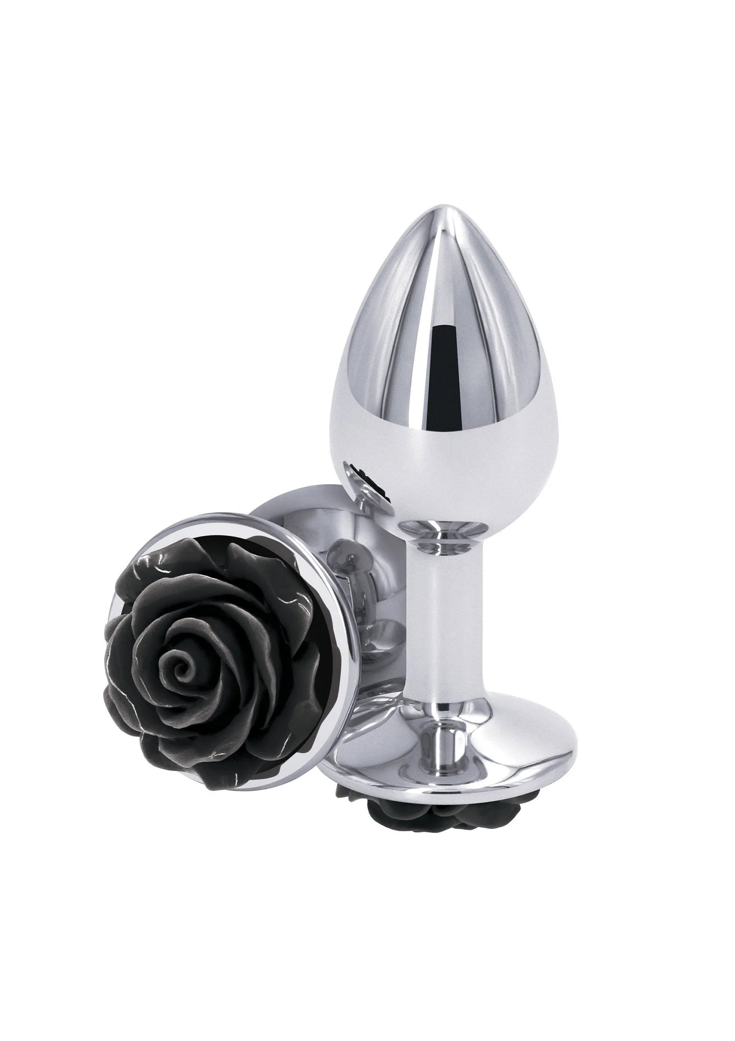 Zilveren rosebuttplug met zwarte roos