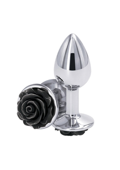 Zilveren rosebuttplug met zwarte roos