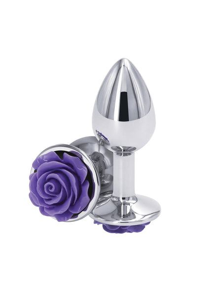 Kleine rozenbuttplug van NS Novelties, zilverkleurige plug met paarse roosbloem