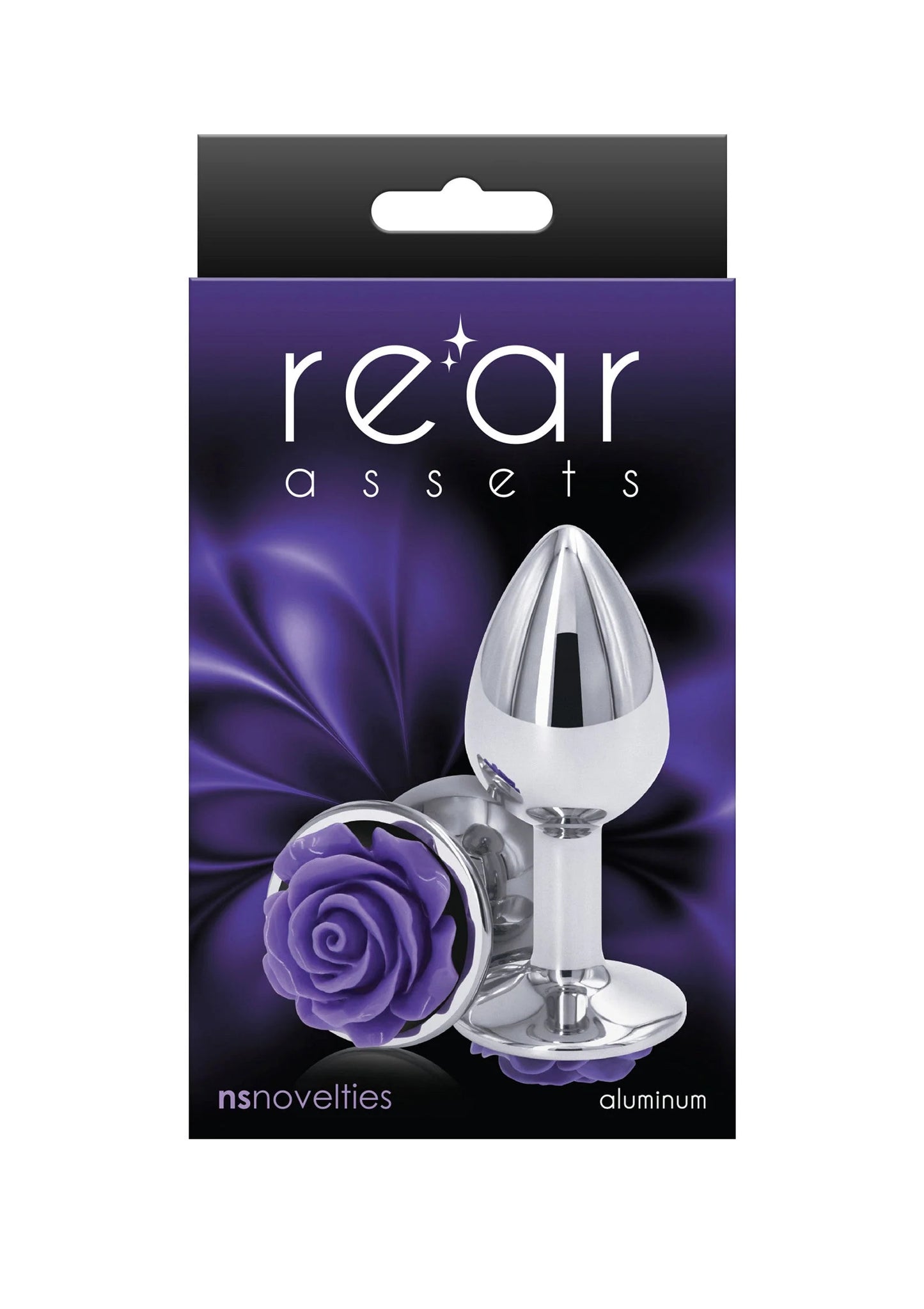 Kleine rozenbuttplug van NS Novelties in verpakking, zilverkleurige plug met paarse roosbloem