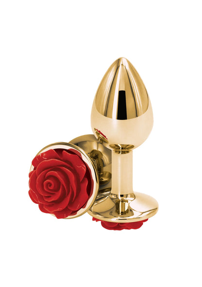 Kleine rozenbuttplug van NS Novelties, goudkleurige plug met rode roosbloem
