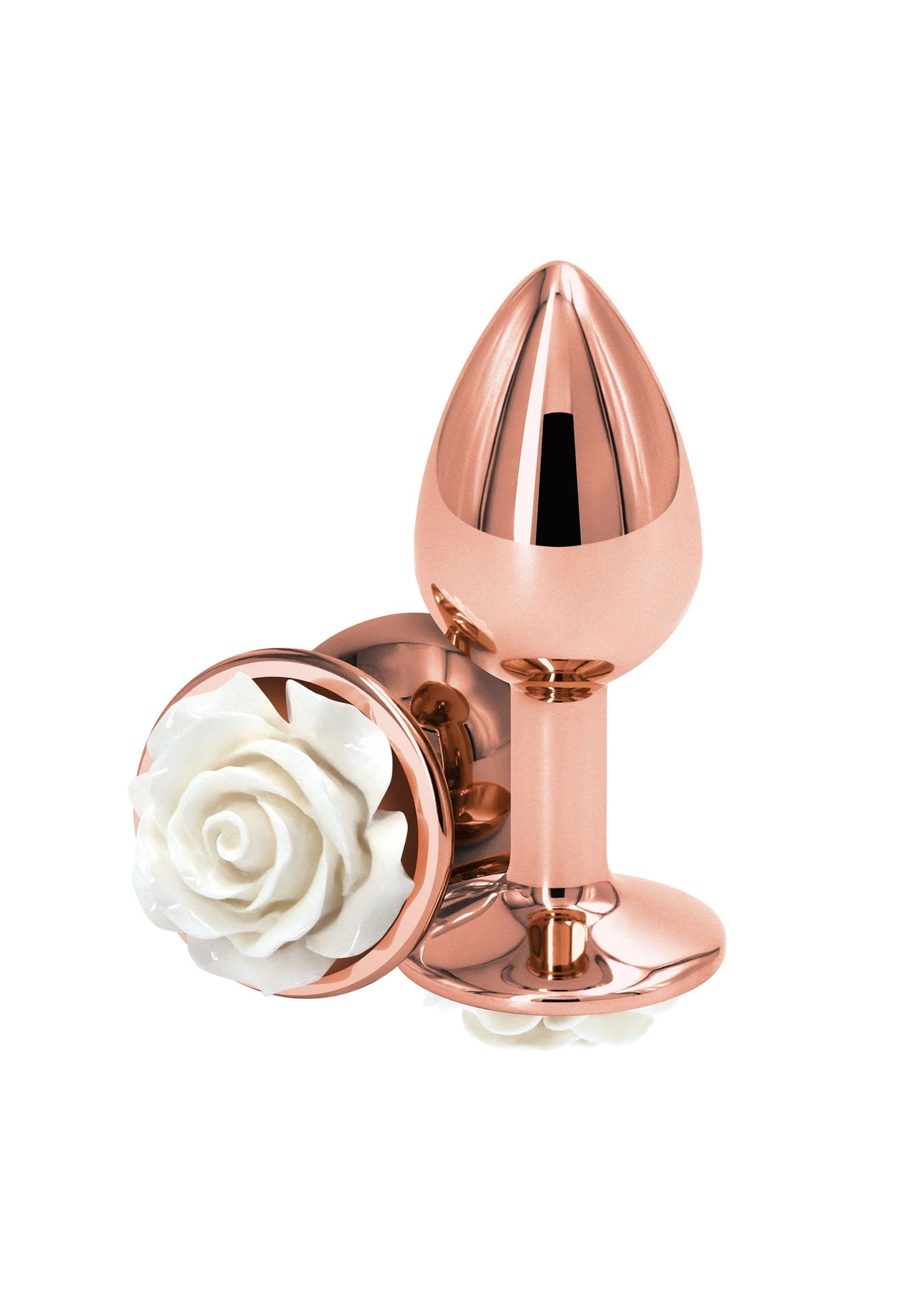 Kleine rozenbuttplug van NS Novelties, rose-goudkleurige plug met witte roosbloem