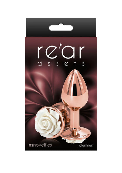 Roségouden rosebuttplug met witte roos