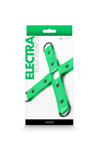 Groen hogtie-harnas in verpakking van NS Novelties, met metalen ringen