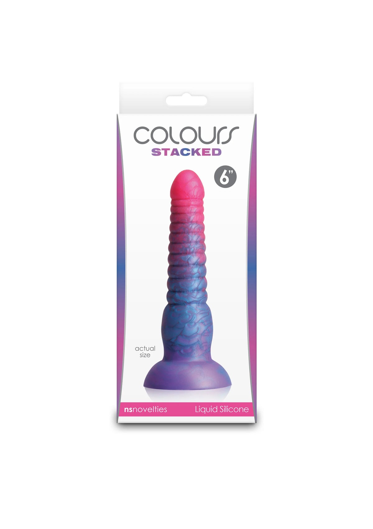 COLOURS STACKED verpakking van liquid silicone dildo, felblauwe steel en paarse brede basis