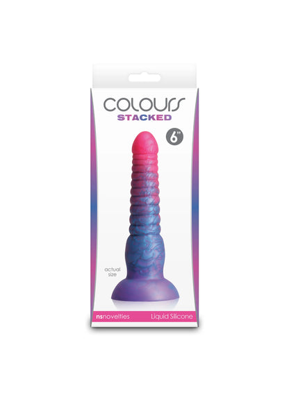 COLOURS STACKED verpakking van liquid silicone dildo, felblauwe steel en paarse brede basis