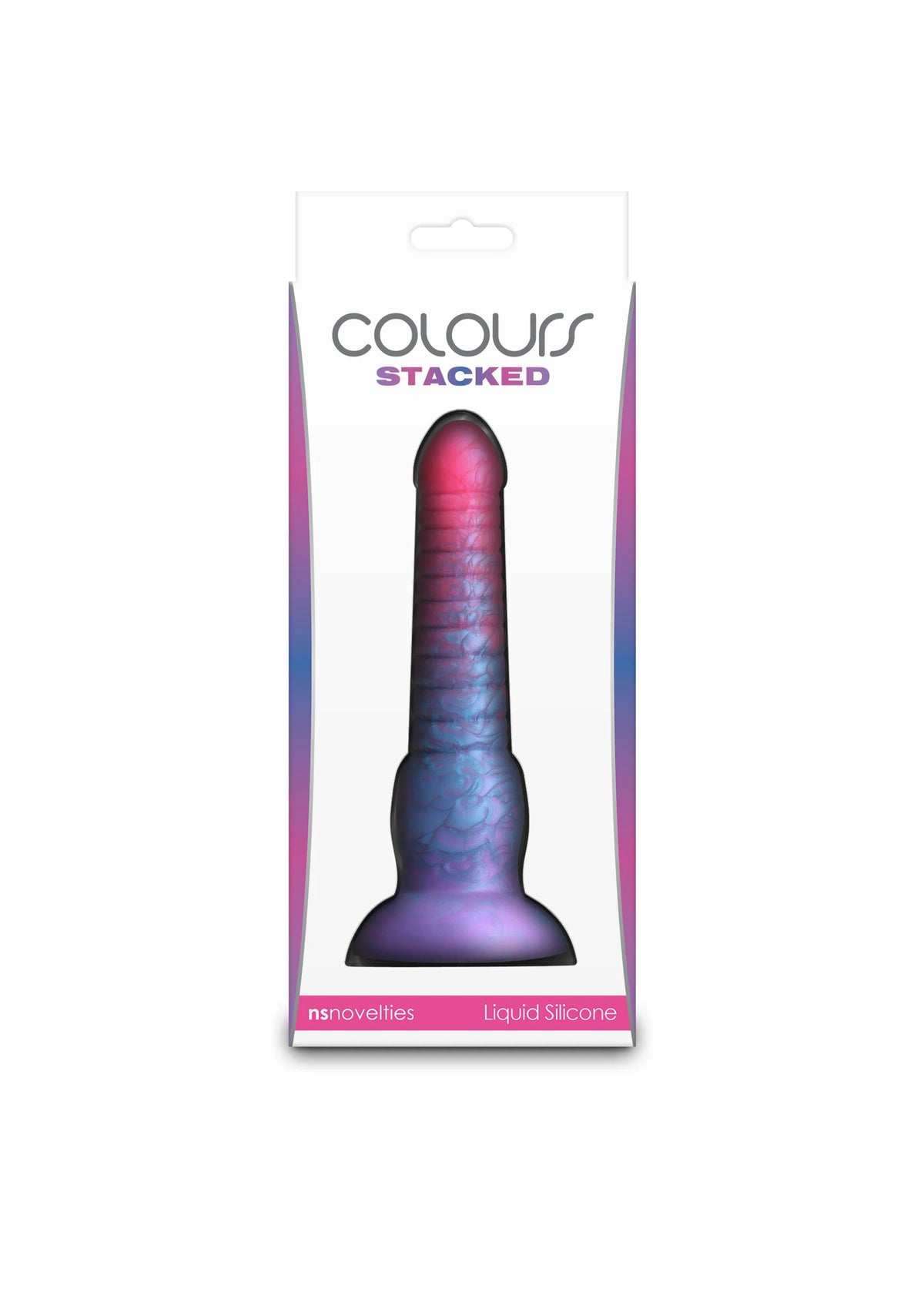 Dildo van vloeibare siliconen in verpakking, gestreept blauw-paarse vorm
