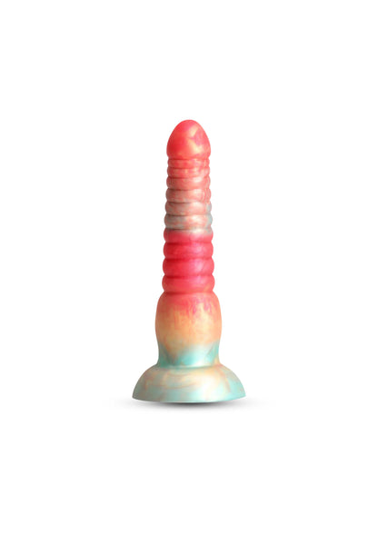 Rode gestreepte dildo met brede voet en lichte overloop