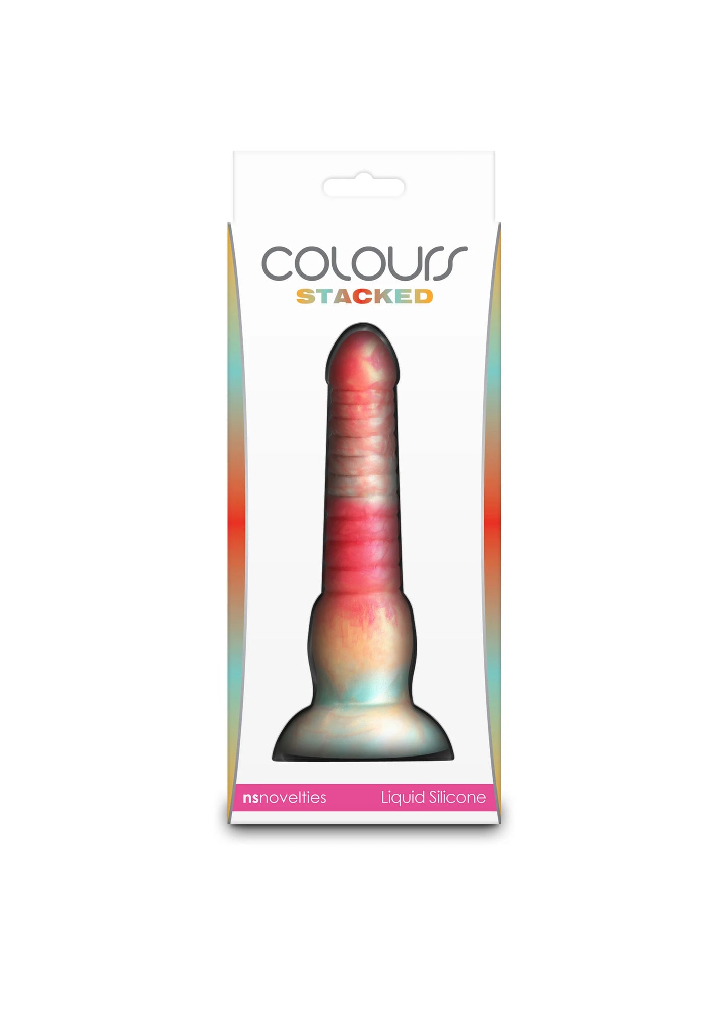 Dildo in verpakking, donkerblauw met rode top en brede voet