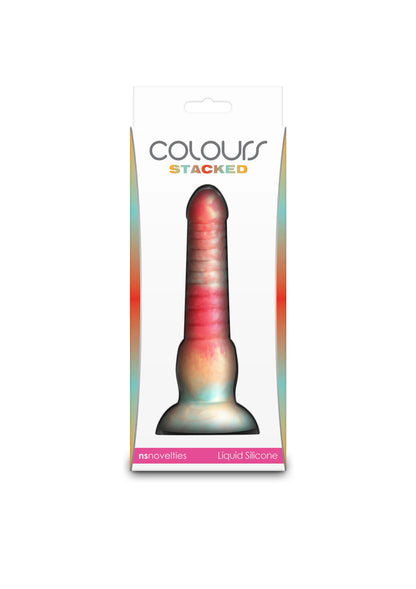 Dildo in verpakking, donkerblauw met rode top en brede voet