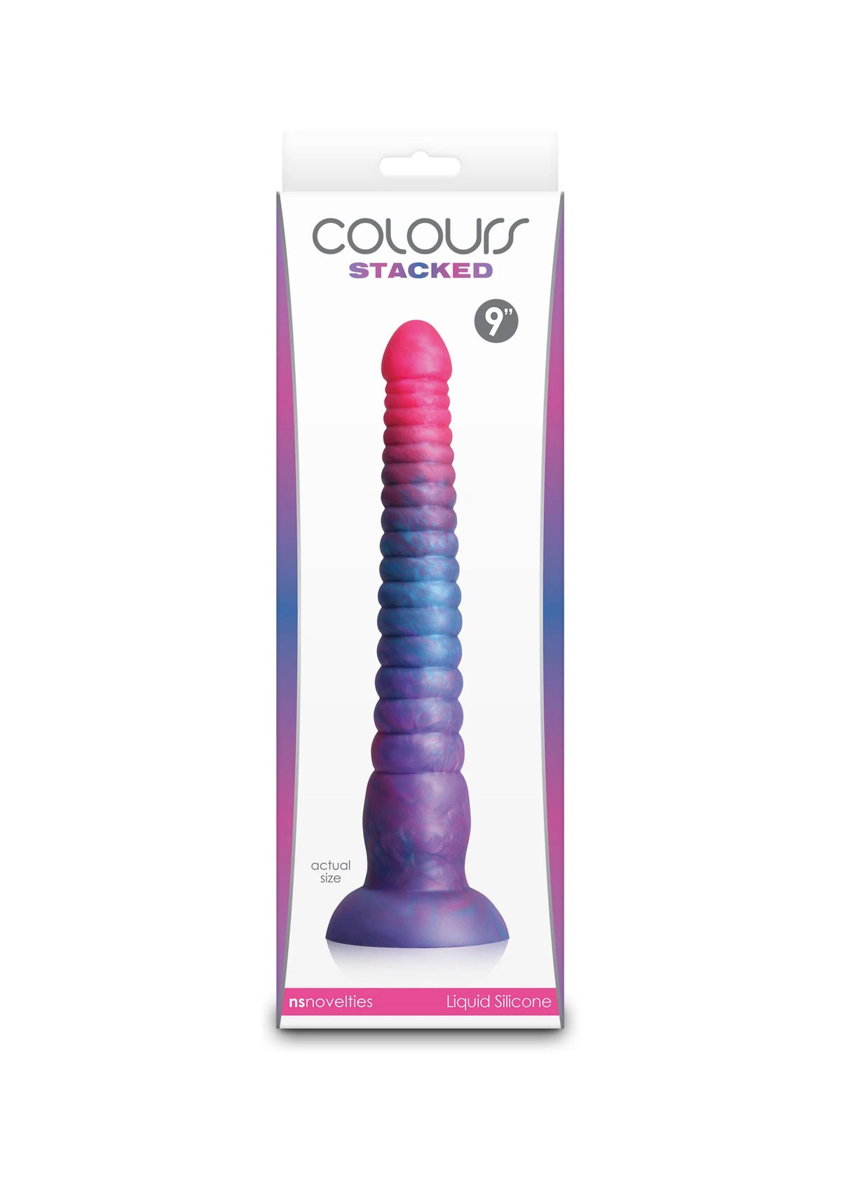 Verpakte dildo met geribbelde schacht en brede voet; roze naar blauw-paars verloop.