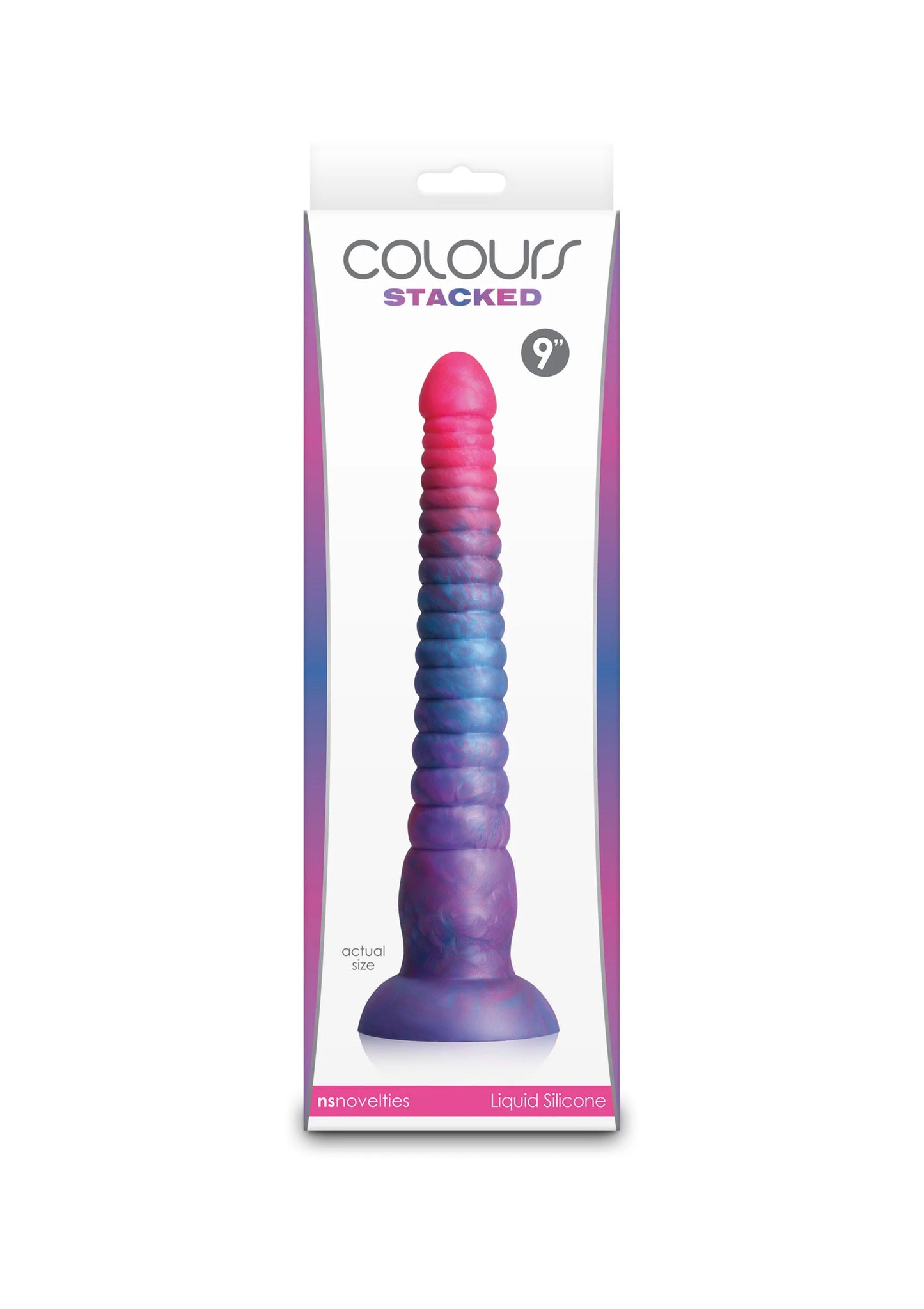 Verpakte gelaagde siliconen dildo in blauw en donkerpaars, geribbelde steel, brede basis