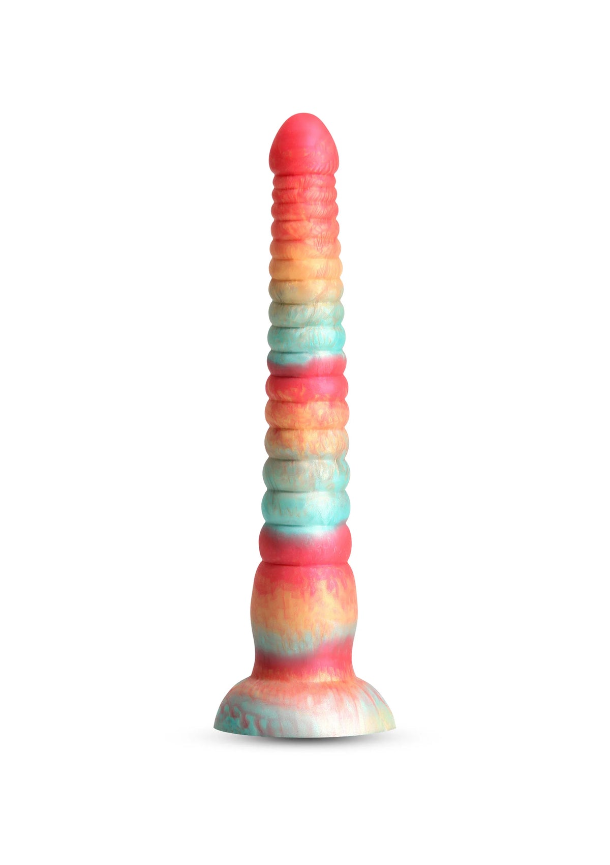 Gelaagde siliconen dildo met rood, geel en aqua tinten, geribbelde steel, brede basis