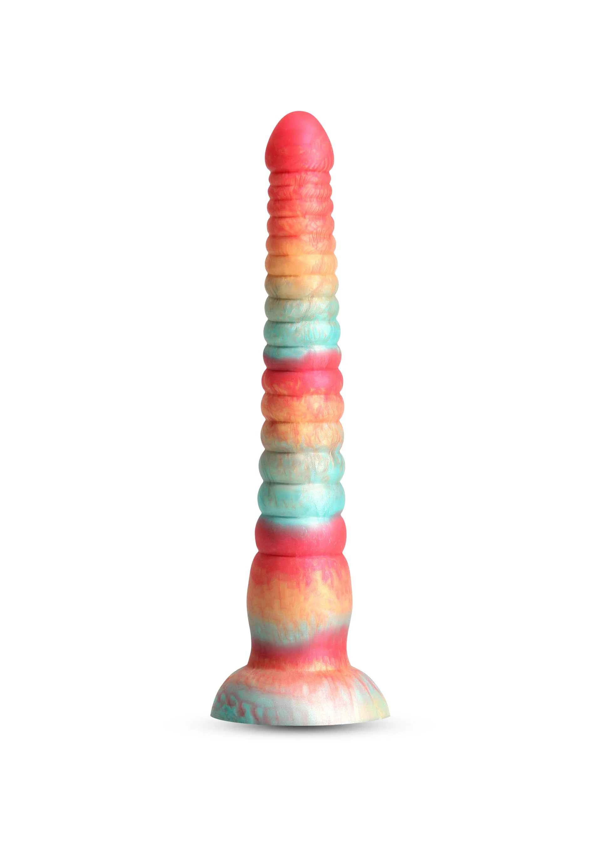 Gelaagde siliconen dildo met rood, geel en aqua tinten, geribbelde steel, brede basis
