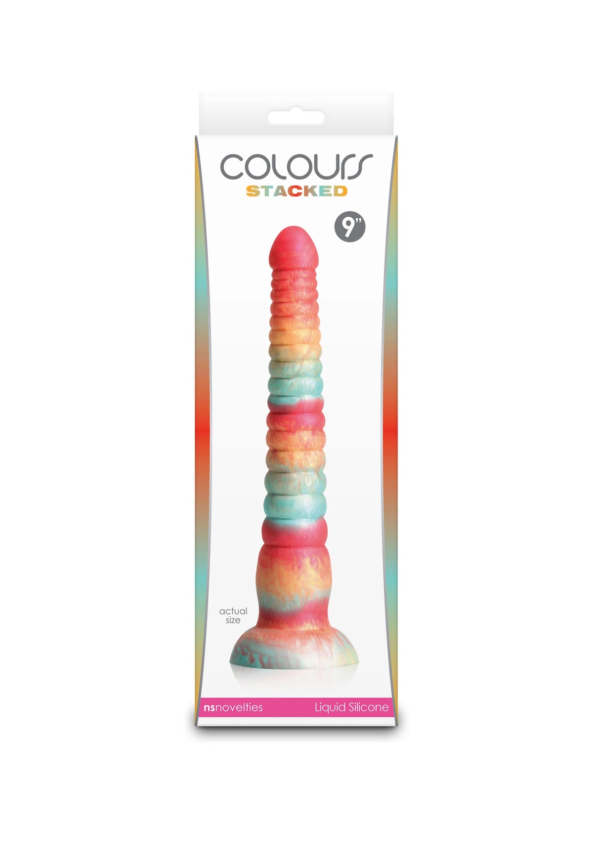Gekleurde gestapelde dildo in verpakking, regenboogkleuren, NS Novelties label