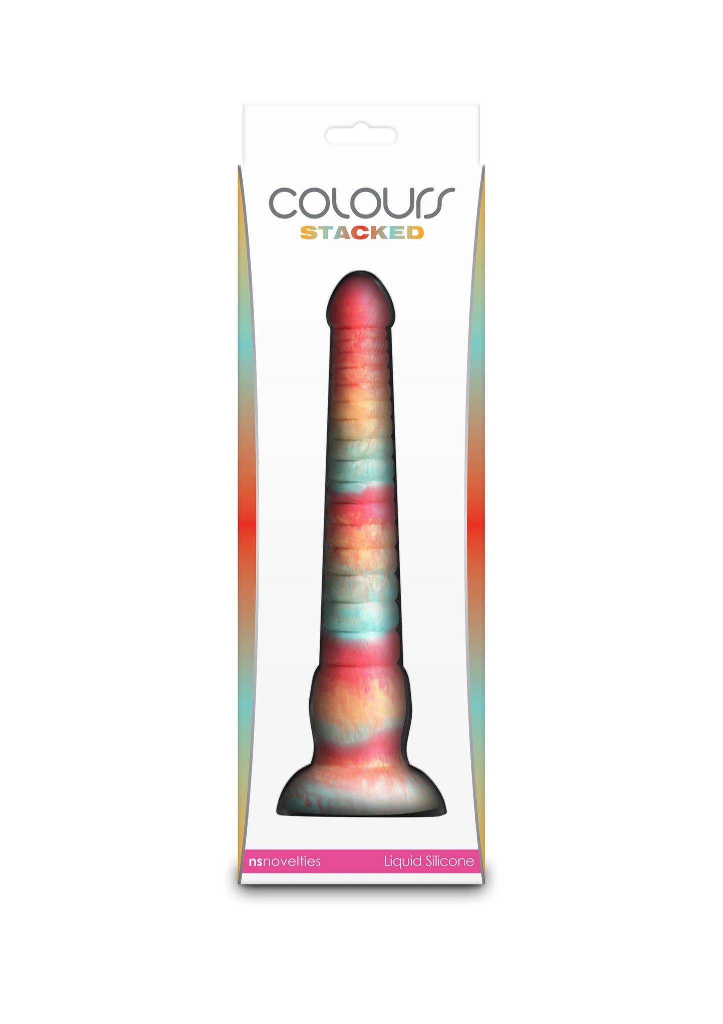 Gestapelde dildo met rood tot blauwgroene kleurovergang, 9 inch, in verpakking