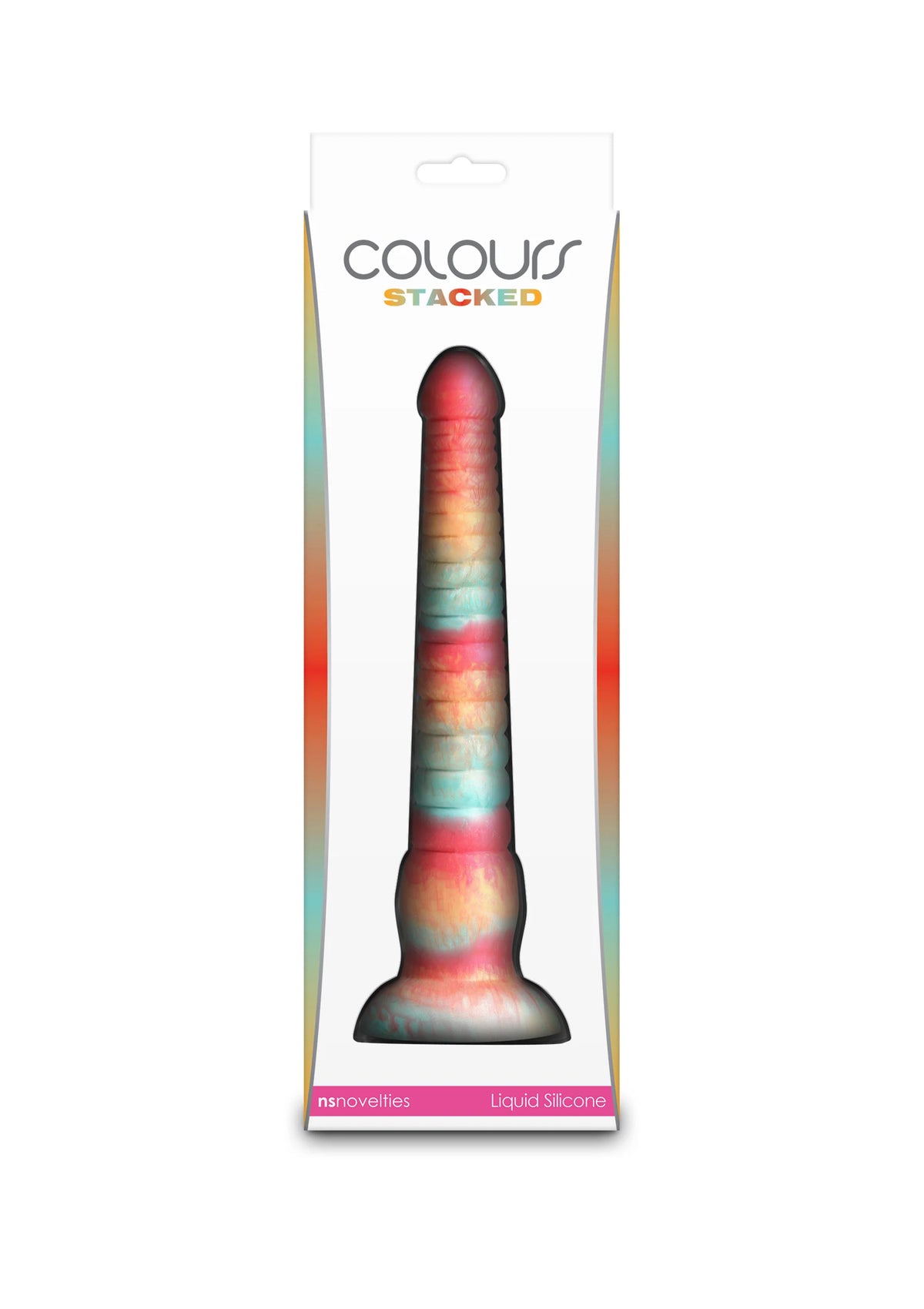 Gestapelde dildo met rood tot blauwgroene kleurovergang, 9 inch, in verpakking