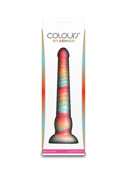 Gestapelde dildo met rood tot blauwgroene kleurovergang, 9 inch, in verpakking