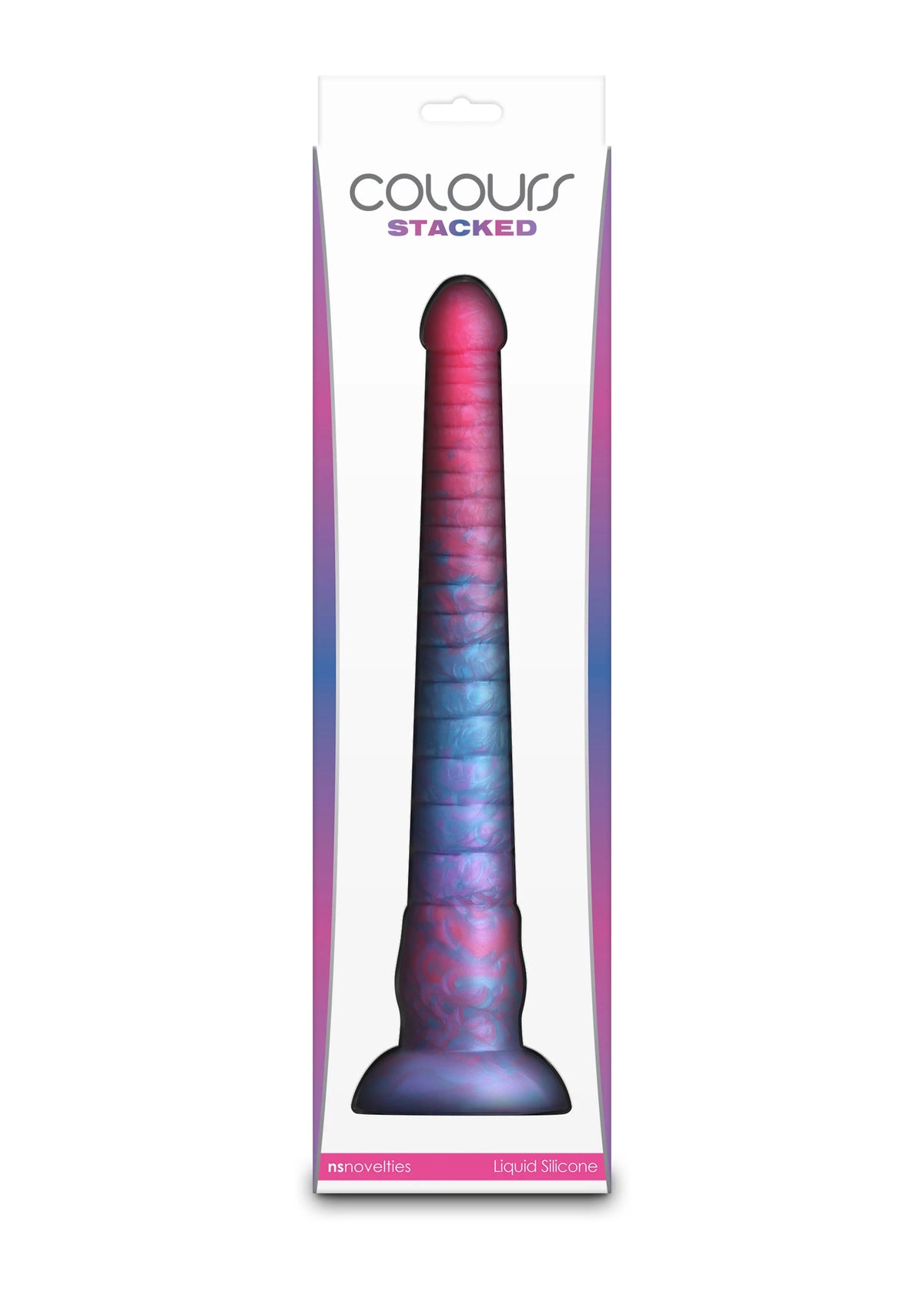 Verpakking van COLOURS STACKED dildo met brede voet en ronde kop, paars/blauwe tinten