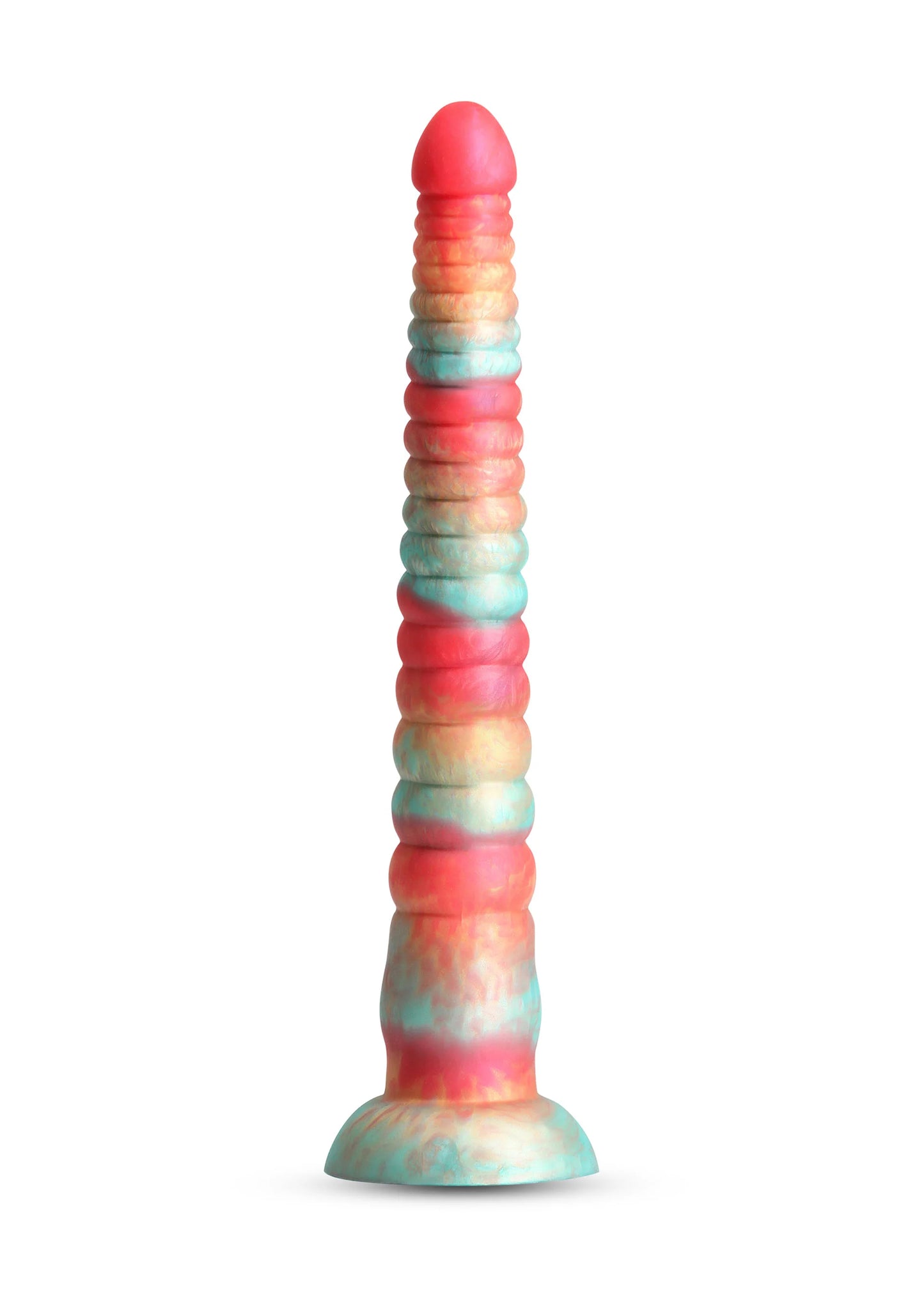 Meer-kleurige dildo met gegroefde schacht, ronde kop en brede voet