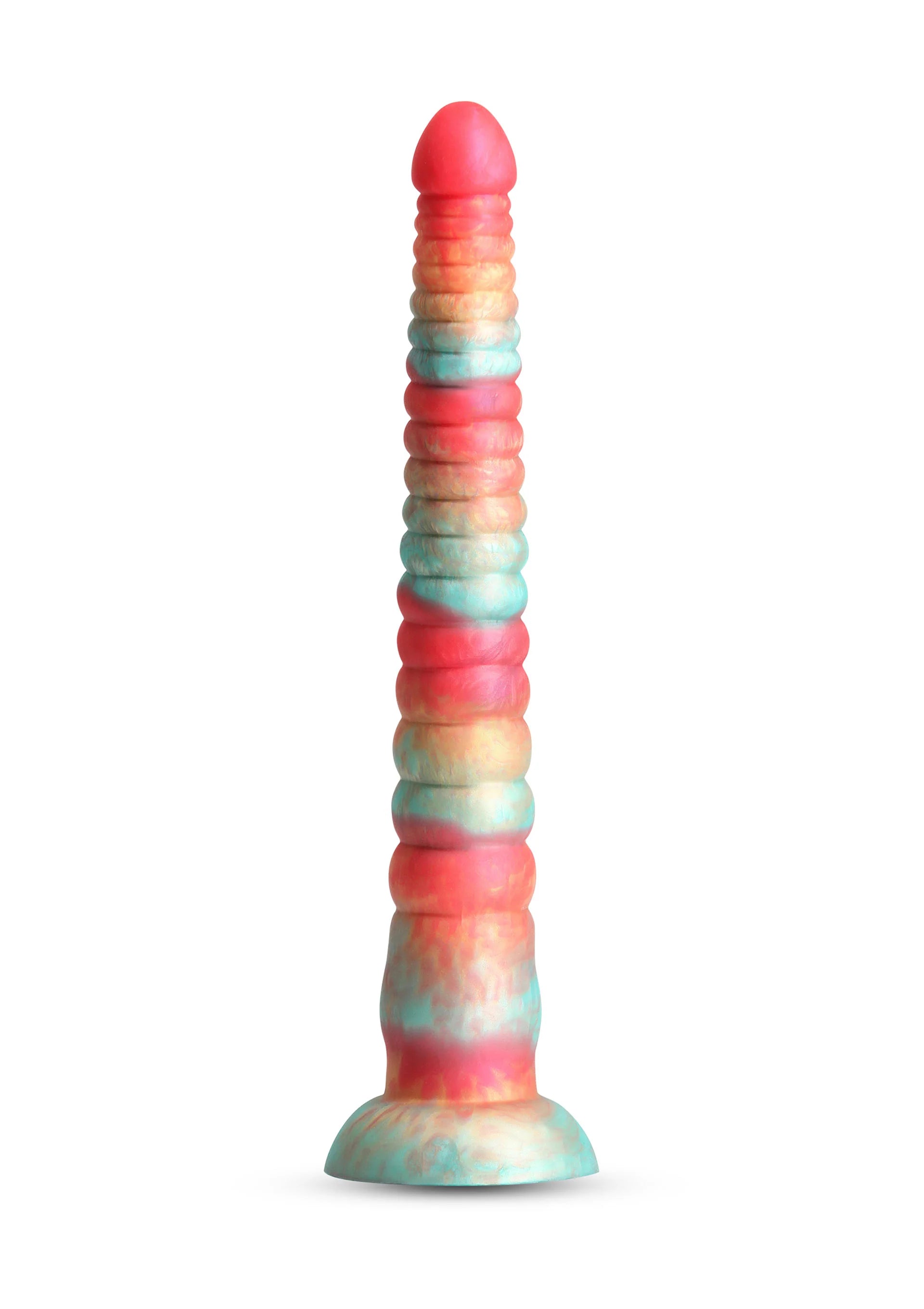 Meer-kleurige dildo met gegroefde schacht, ronde kop en brede voet