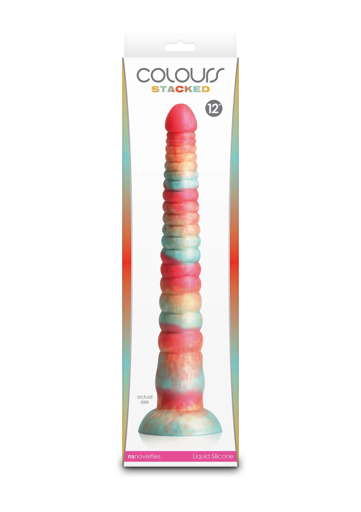 Verpakking van meerkleurige COLOURS STACKED dildo met ronde kop en brede voet (12)