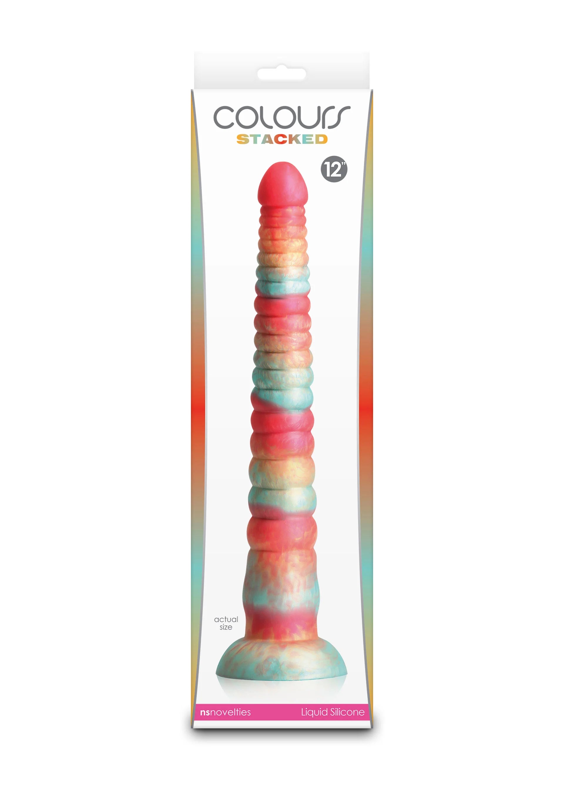 Verpakking van meerkleurige COLOURS STACKED dildo met ronde kop en brede voet (12)