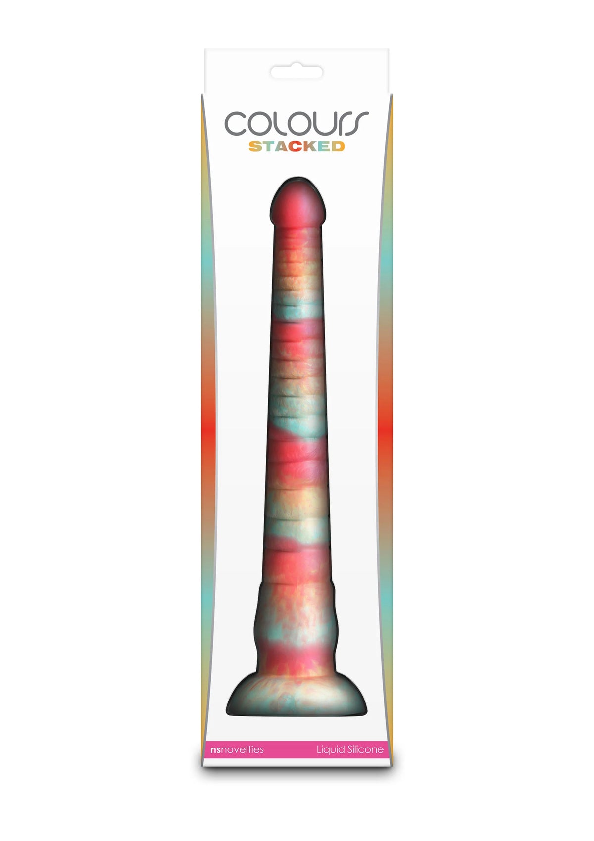 Gekleurde dildo in verpakking, geribbelde steel met brede voet, regenbooglook