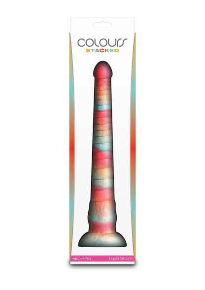 Gekleurde dildo in verpakking, geribbelde steel met brede voet, regenbooglook