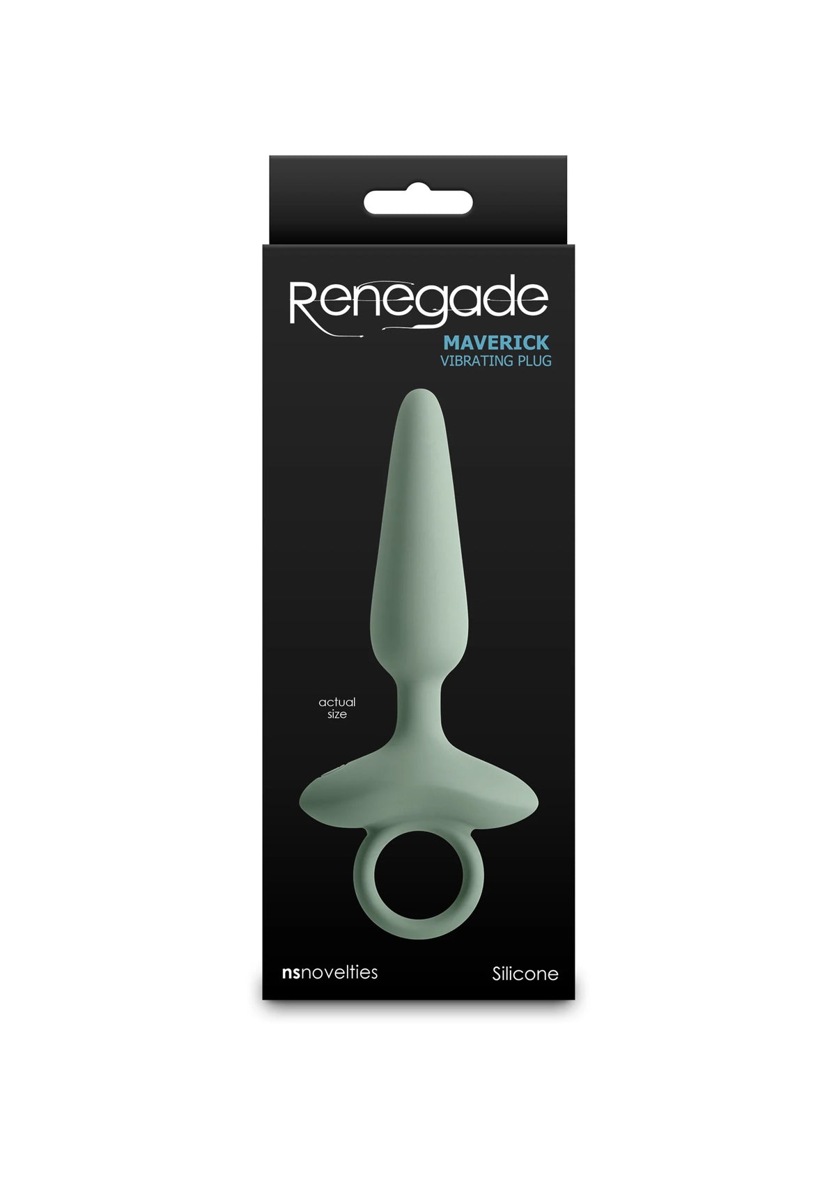 Verpakking van Renegade Maverick silikonnen anale plug in groen, met ronde ring