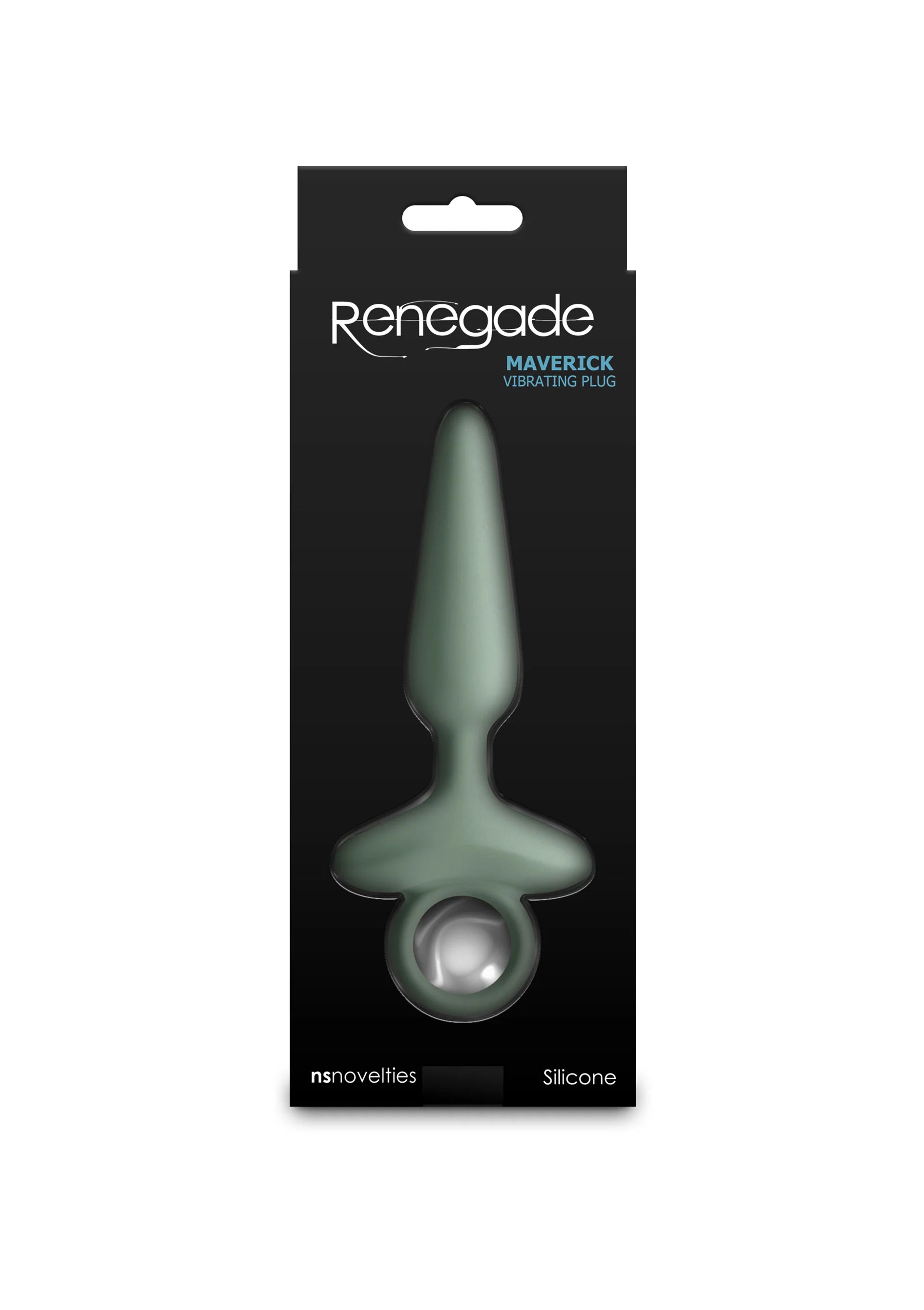 Verpakking van Renegade Maverick silikonnen anale plug in groen, met ronde ring