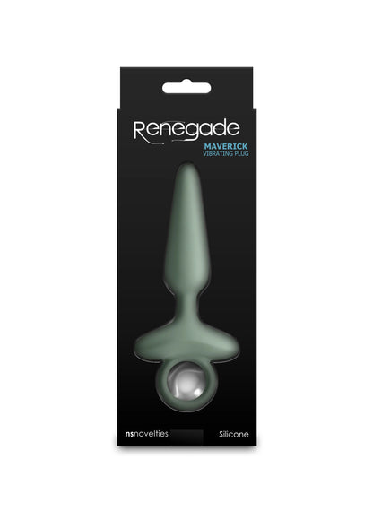 Verpakking van Renegade Maverick silikonnen anale plug in groen, met ronde ring