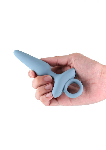 Siliconen anale plug in blauwgrijs met ronde ring en taps toelopende vorm