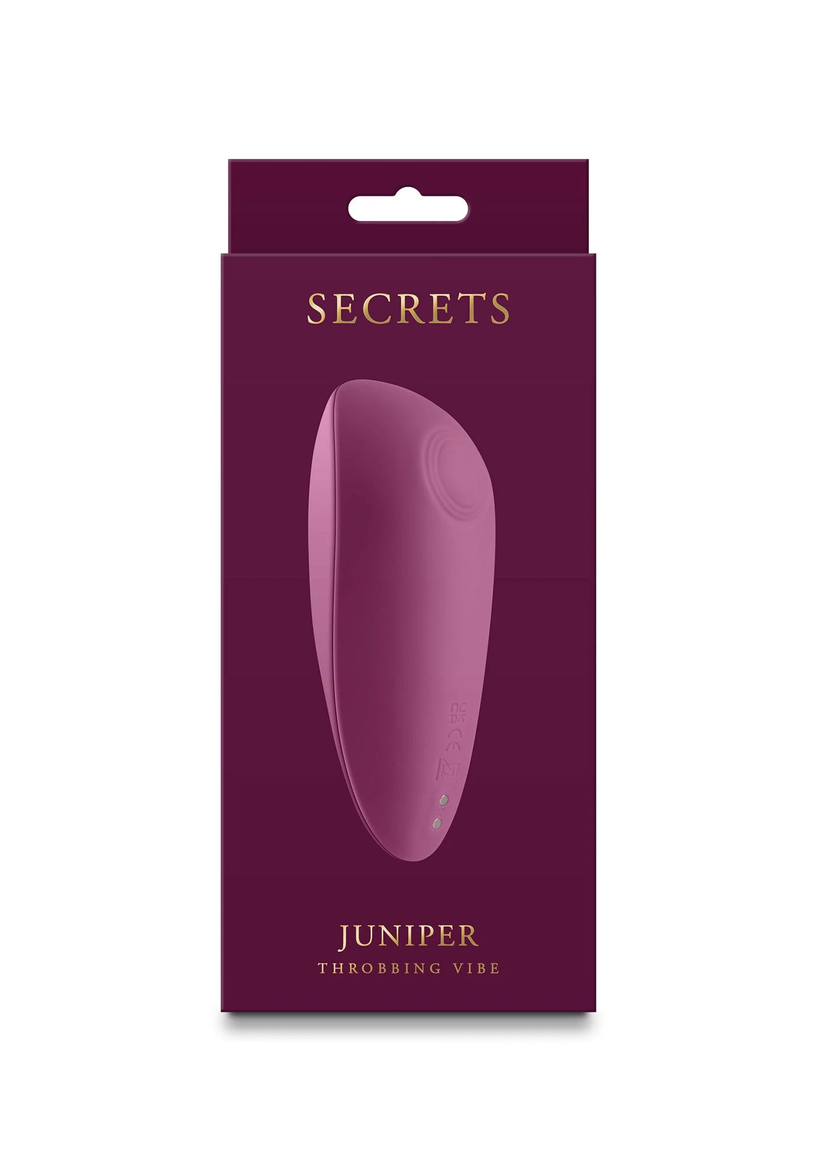 Verpakking van Secrets Juniper kloppende vibrator, paarse ovale vibrator op voorzijde