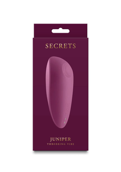 Verpakking van Secrets Juniper kloppende vibrator, paarse ovale vibrator op voorzijde
