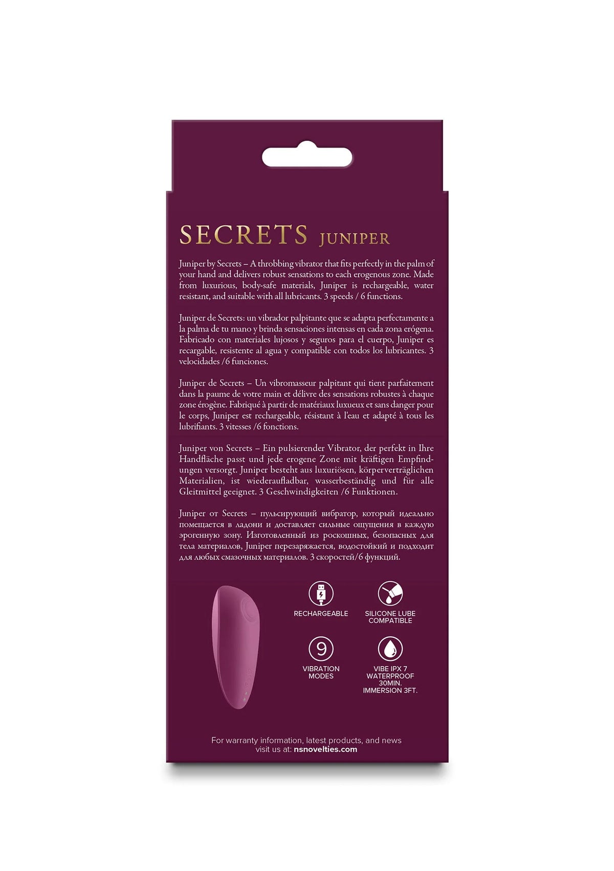 Verpakking met iconen en informatie voor Secrets Juniper vibrator