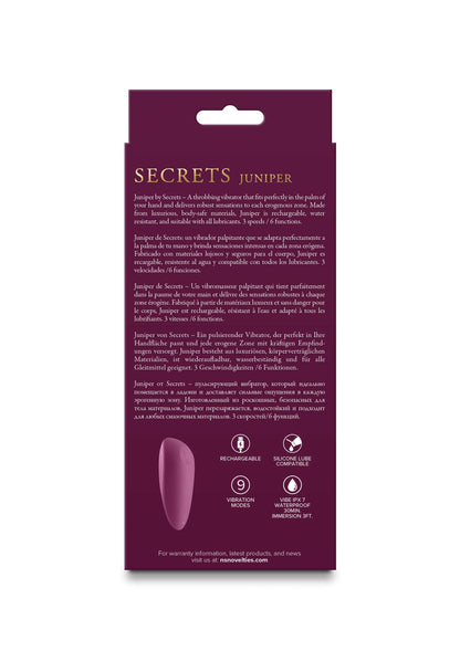 Verpakking met iconen en informatie voor Secrets Juniper vibrator