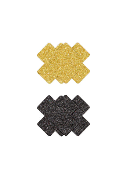 Glitter kruis-pasties, 2 paar: goudkleurige en zwarte glitter pasties