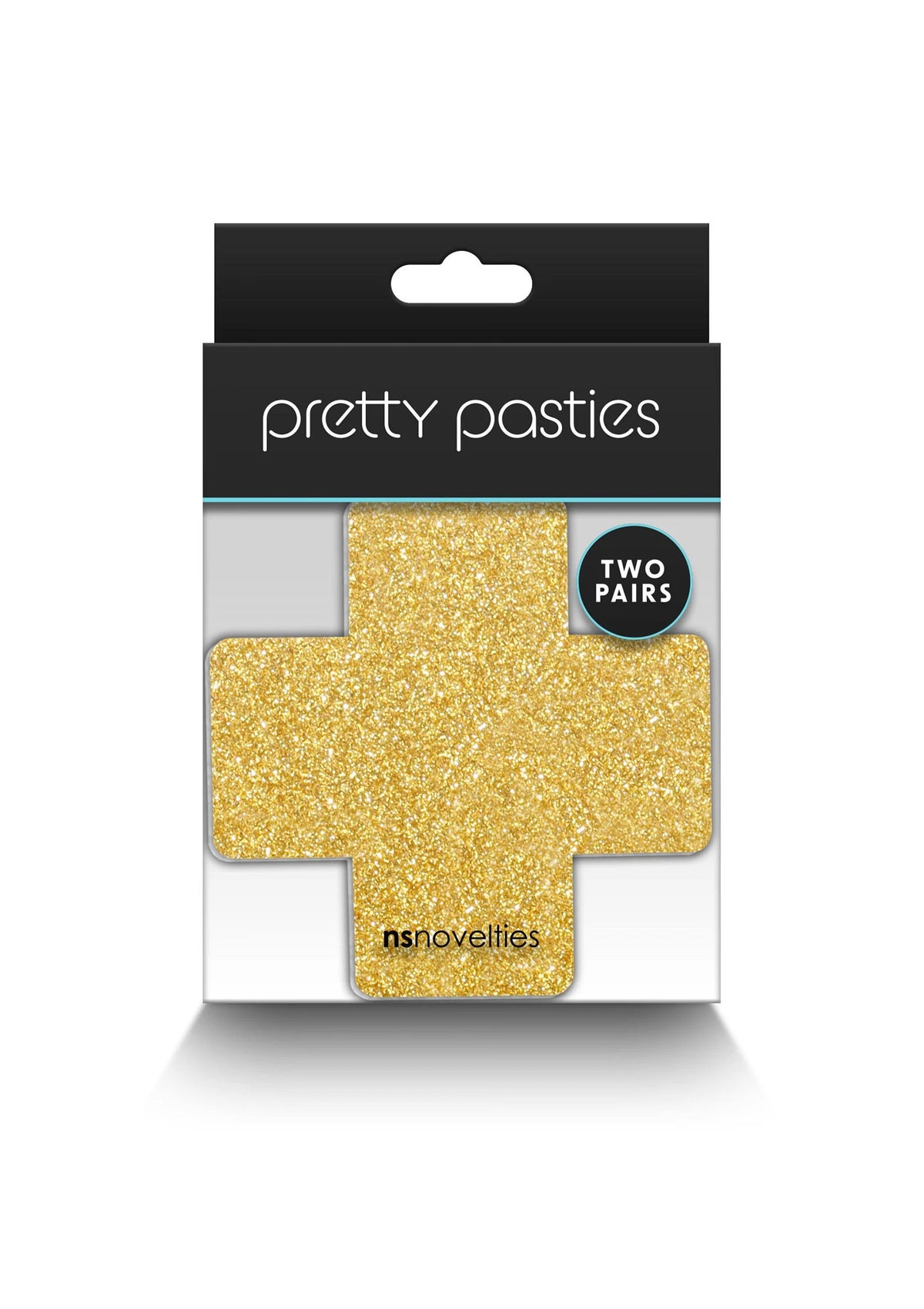 Glitterkruispasties in doos: goudkleurig glitterkruis, 2 paar