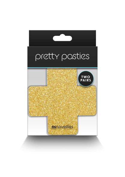Glitterkruispasties in doos: goudkleurig glitterkruis, 2 paar