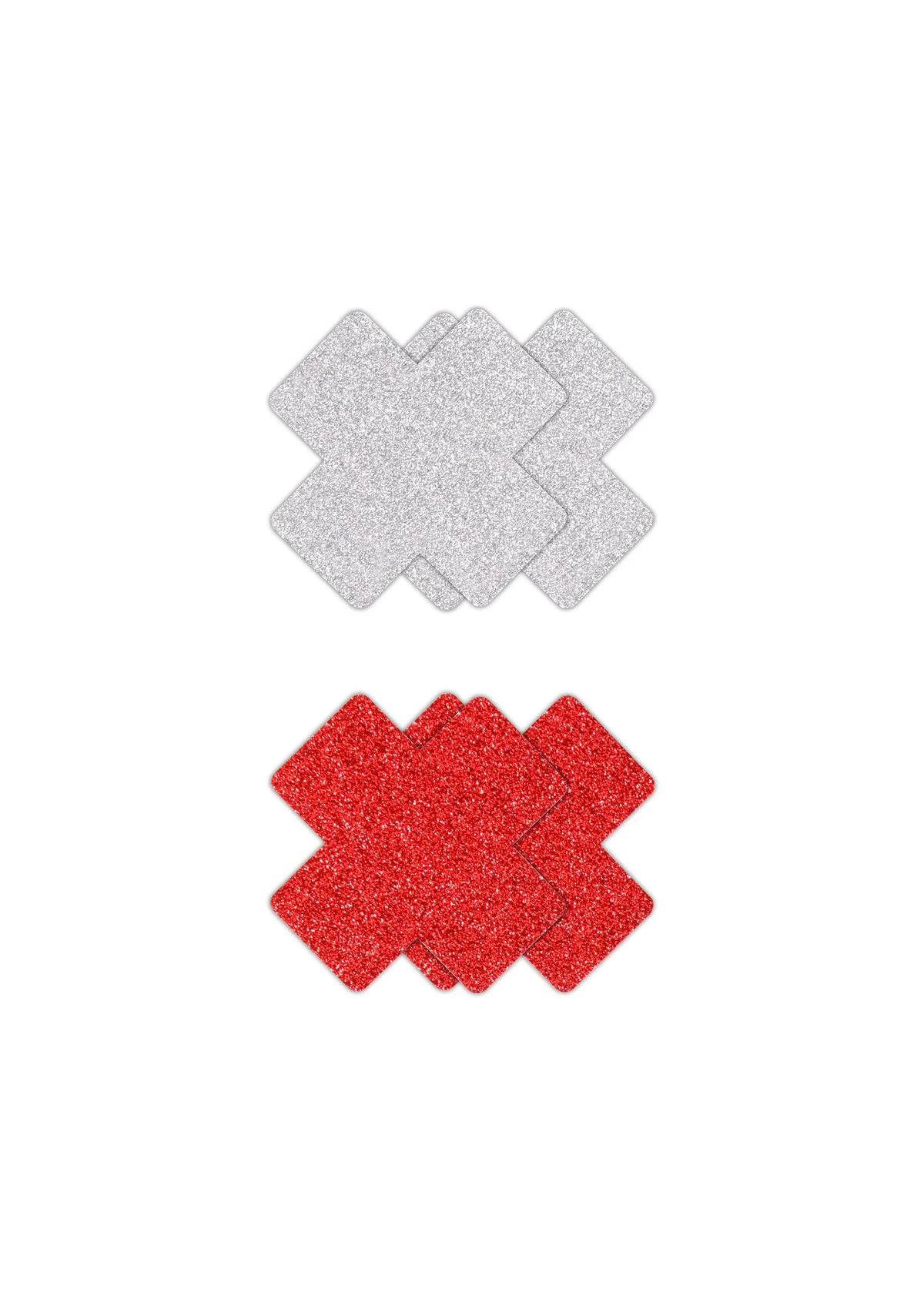Glitterkruispasties: twee kruisen, zilverkleurig en rood