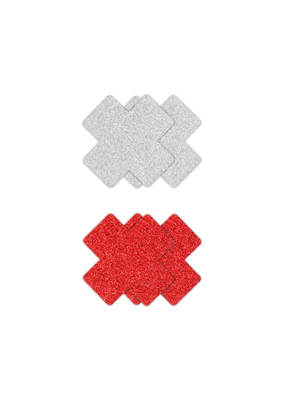 Glitterkruispasties: twee kruisen, zilverkleurig en rood