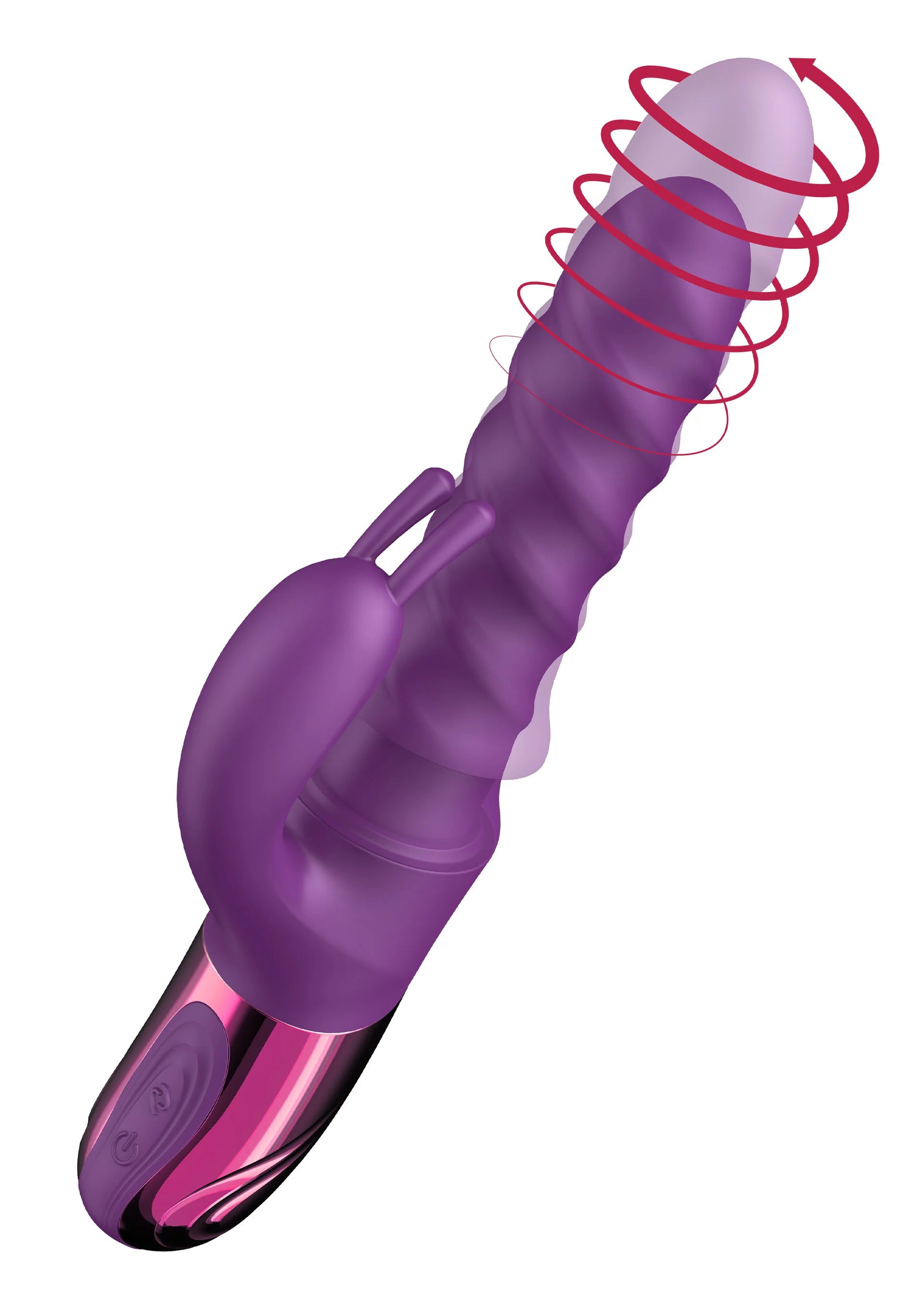 Swirl-konijnvibrator She.E.O. paars, gebogen vorm met rode spiraal en roze onderrand